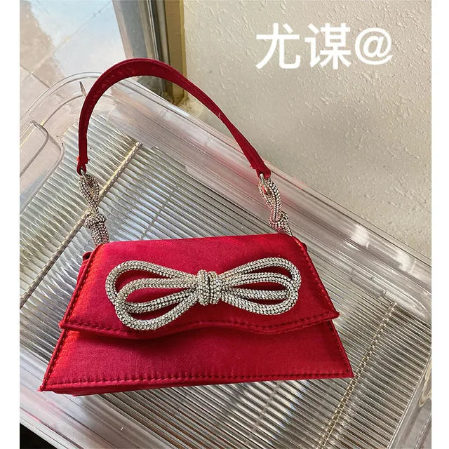 NEW Rhinestone Bow Fashion Handbags For 2022 Women Chic Boutique Shiny Crystal Satin Small Evening Clutch Purse Wedding Party