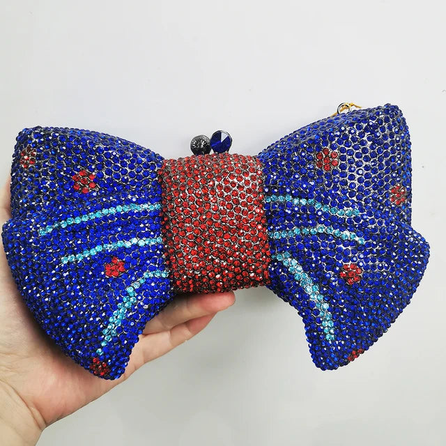 New Luxury Women Crystal Evening Clutch Blue/Green/Orange Diamond Rhinestone Bow Purses Lady Wedding Bridal Handbags Metal Bags