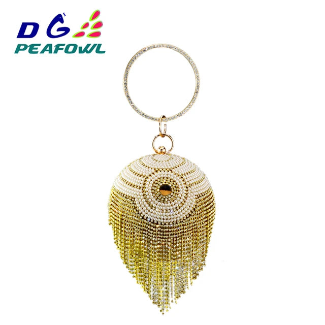 DG PEAFLOW Round Circular Gold Diamond Tassel Bridal  Women Evening Party Crystal Clutch Bag Wedding Wristlets Purse