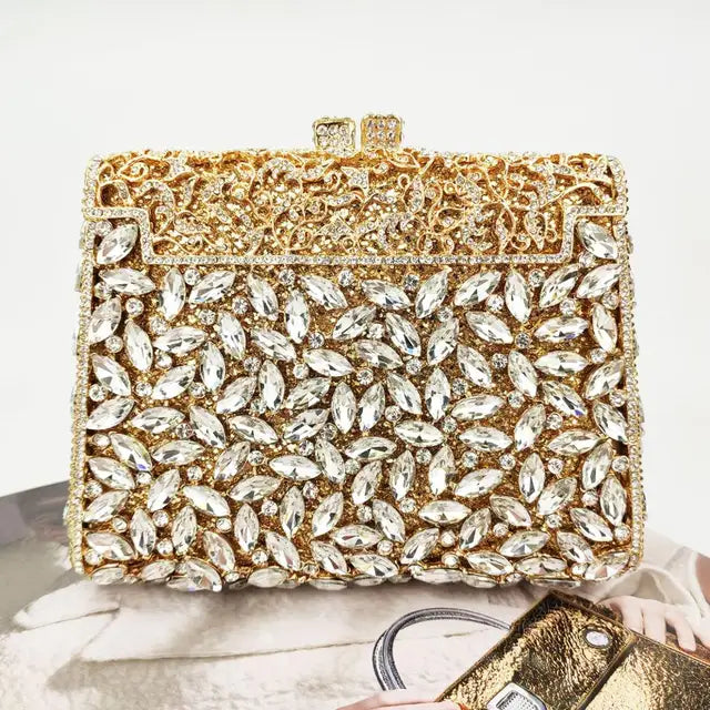 Gold Box Bag Diamond Women Clutch Bag Crystal Party Handbag Ladies Banquet Purse Fashion Pochette Prom Evening bag SC452