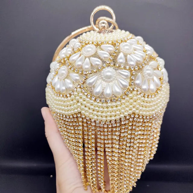 DG PEAFLOW Round Circular Gold Diamond Tassel Bridal  Women Evening Party Crystal Clutch Bag Wedding Wristlets Purse