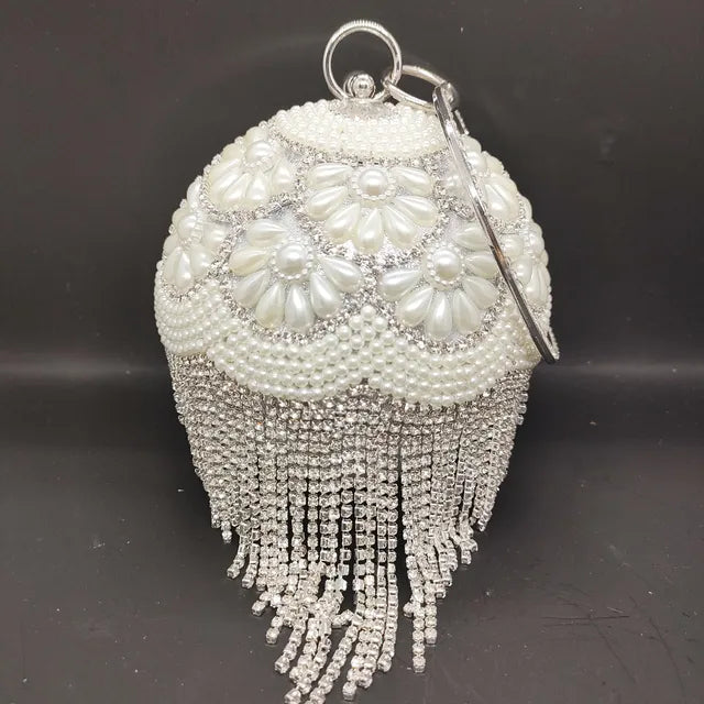 DG PEAFLOW Round Circular Gold Diamond Tassel Bridal  Women Evening Party Crystal Clutch Bag Wedding Wristlets Purse