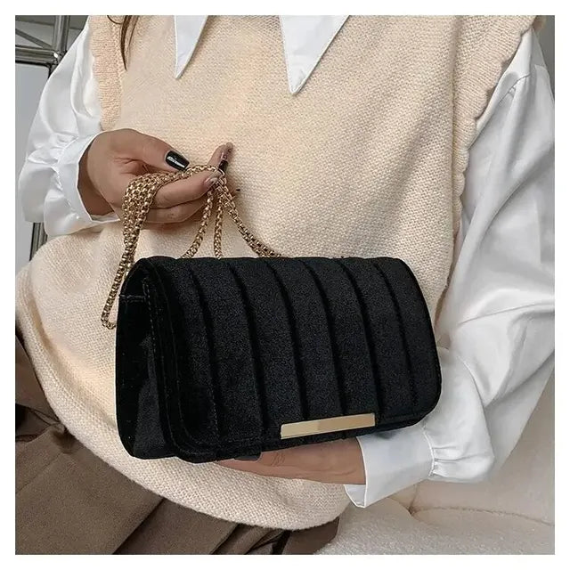 Gold Velvet Fabric Embroidered Small Square Bag With Single Shoulder Chain Bag Women's Crossbody Bag Embroidered Thread Women's