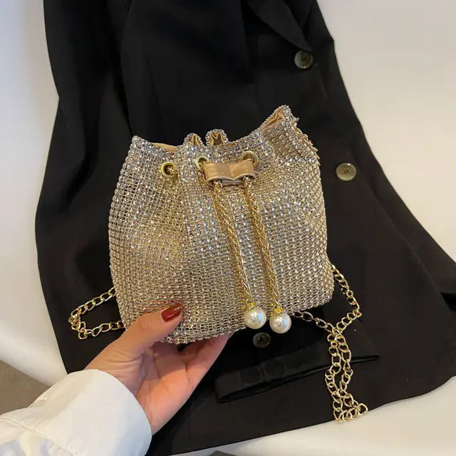 Women Fashion Diamonds Rhinestone Bucket Bags Retro Pearl Chain Ladies Shoulder Bags Shiny Small Crossbody Bags Female Handbags