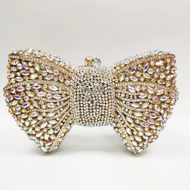 New Luxury Women Crystal Evening Clutch Blue/Green/Orange Diamond Rhinestone Bow Purses Lady Wedding Bridal Handbags Metal Bags