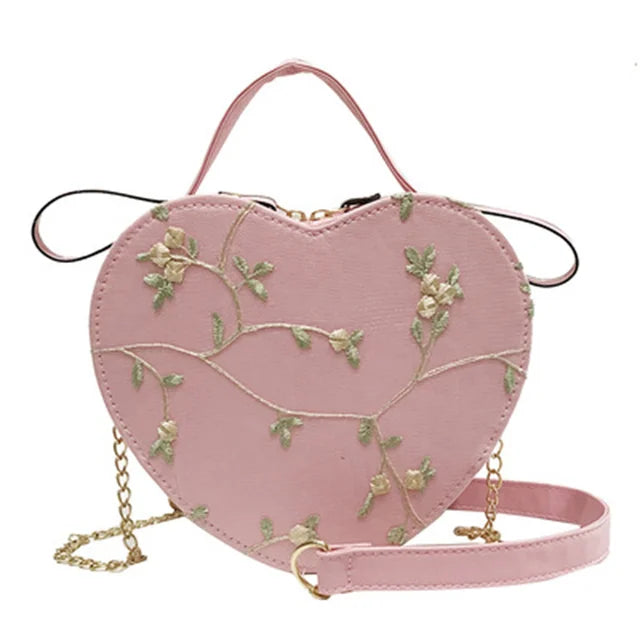 Female Sweet Lace Heart Round Handbags High Quality PU Leather Cross Body Bags for Women Small Fresh Flower Chain Shoulder Bags