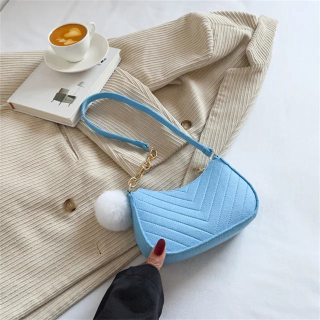 ISKYBOB Women Felt Mini Shoulder Bag Underarm Bags with Plush Pendant Solid Color Casual Handbags Female Pouch Light Weigh Bag