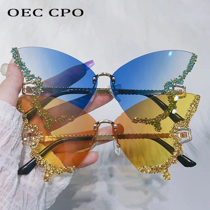 Diamonds Shiny Butterfly Sunglasses Women Rimless Y2k Luxury Sun Glasses Men Trends Punk Rhinestone Shades Female Eyewear UV400