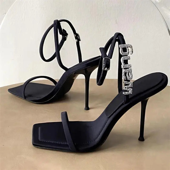 AW Open Toe Sandals For Women Summer New Style Black One-Word Strap Stiletto Square Toe Letter Rhinestone High Heels For Women