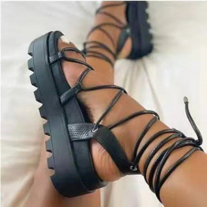 Woman Gladiator Platform Sandal Ladies Ankle Wrap Wedge Female Fashion Lace Up Shoe Women Non Slip Women's Footwear Plus Size 43