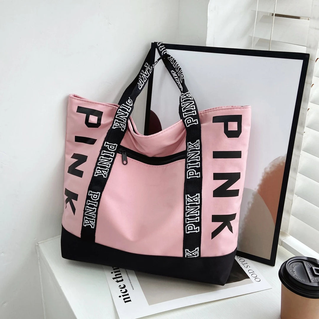 Pink Letter Graphic Tote Handbags Woman Shoulder Bags Casual Sports Fitness Tote Bag Nylon Fabric Bags Women Handbag