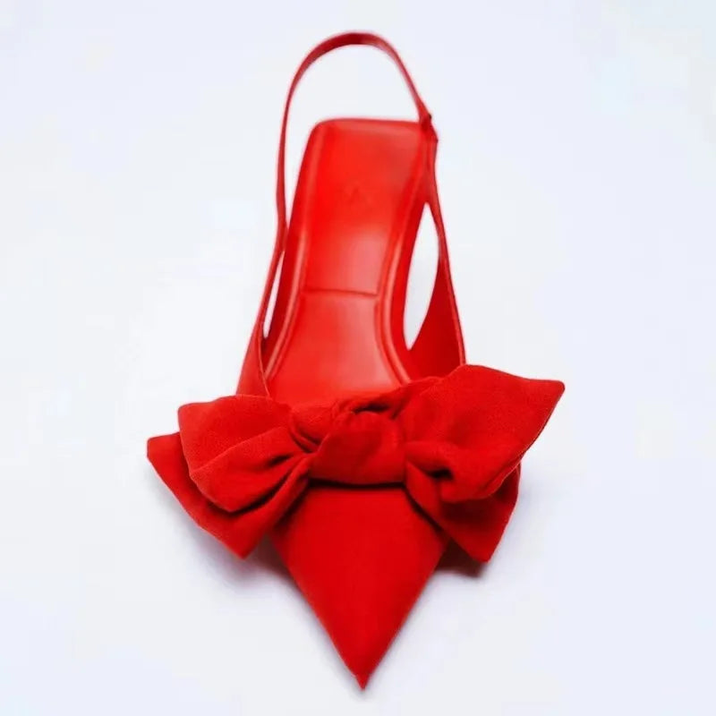 Lady Big Bow Flock Modern Sandals Kitten Heels Shoes Pointy Toe Nigh Club Sweet Pumps Back Strap Zapatos Mujer Red 41 40 25.5cm