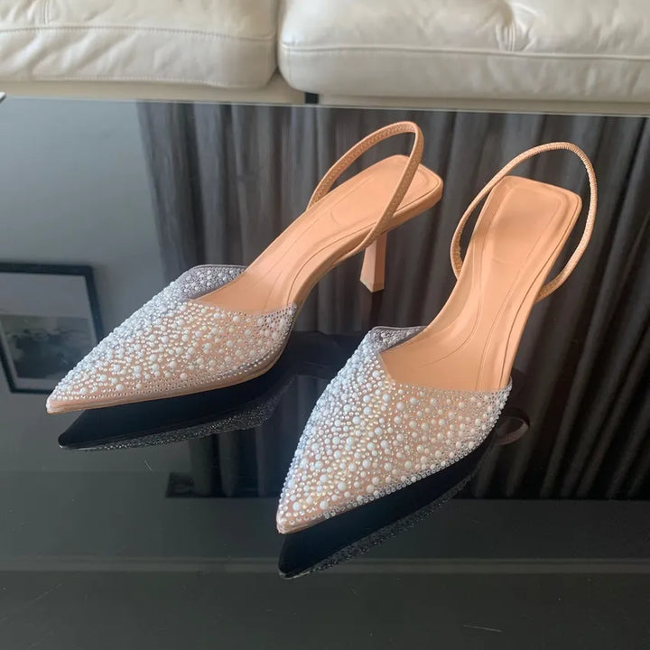 Slingback Artificial Pearl Decorated Women Pumps Wedding Shoes Sexy High heels Sandals Elegant Summer Party Bridal Shoes Woman