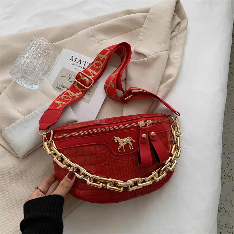 Fashion Thick Chain Women's Waist Bag Fanny Pack Shoulder Black Crossbody Chest Bags Female Belt Bag PU Casual Shoulder Bag