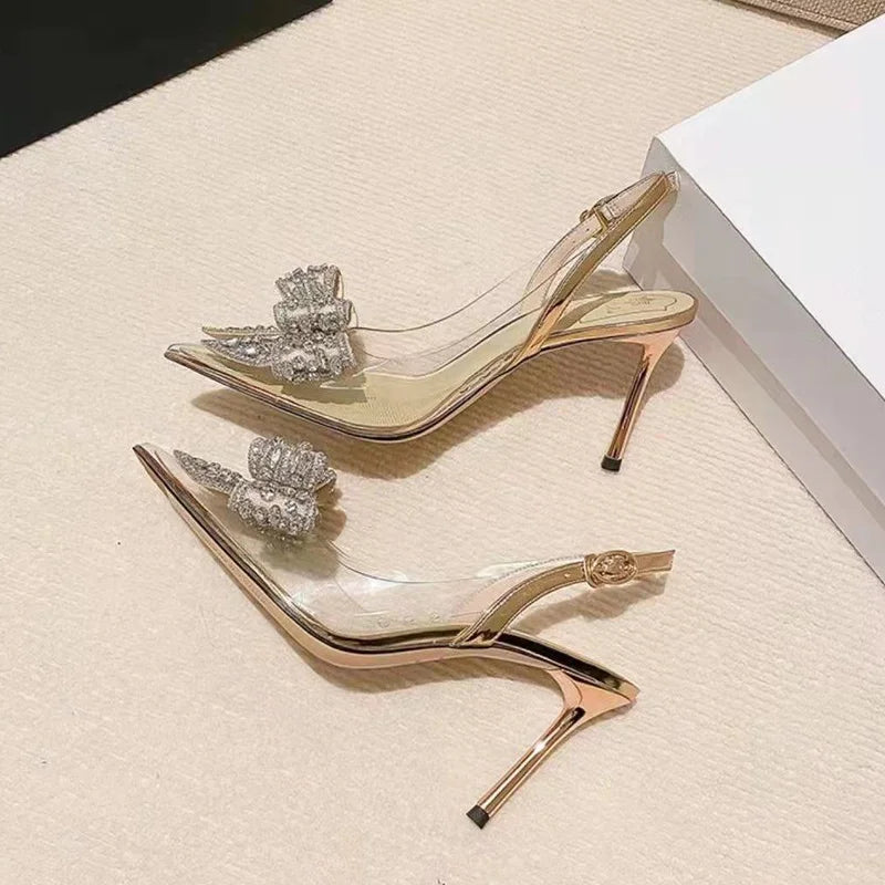 Pointed Toe High Heels Female Stiletto 2022 New Bow Rhinestone Sexy Bridesmaid Bride Wedding Fashion Women's Sandals