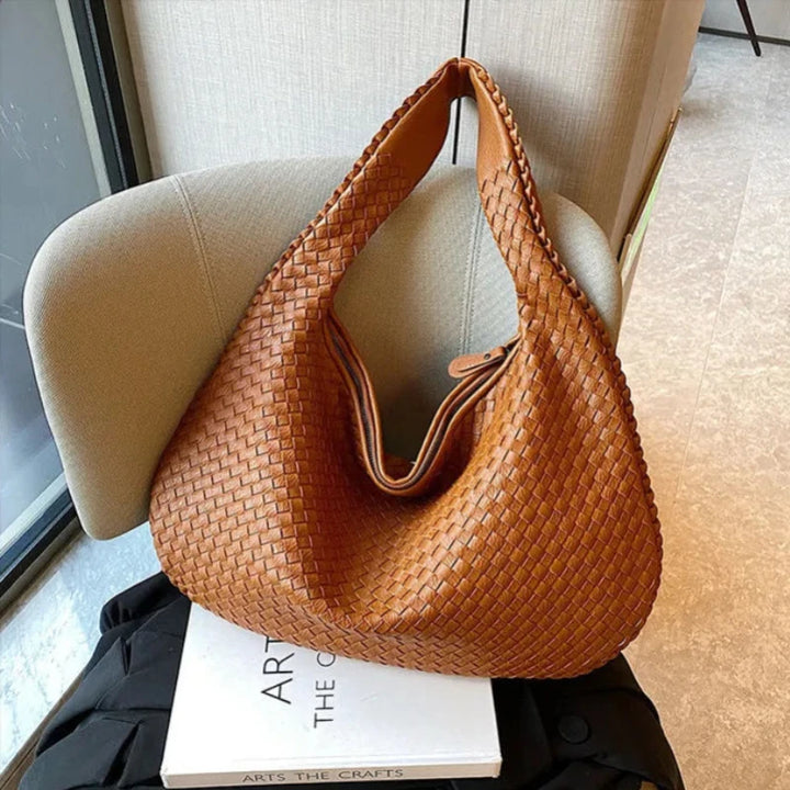 Genuine Leather Handmade Woven Handbag Casual Large Capacity Tote Bag Y2K Female Crescent Bag Luxurious Solid Color Shoulder Bag