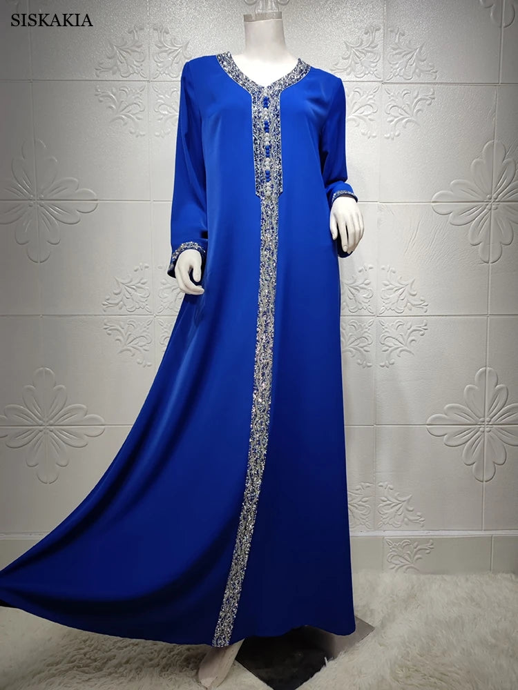 Muslim Dress Women Rhinestone Solid Color V-Neck Long Dress Jalabya Arabic Dubai Oman Qatar Turkish Abaya Moroccan Kaftan