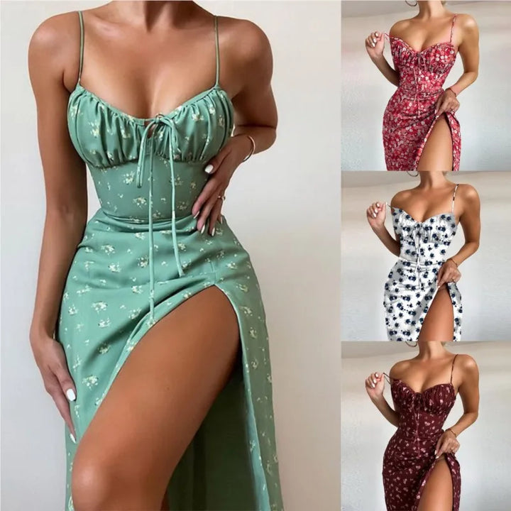 2023 New Summer Women's Sexy Slim Fit Sleeveless High Waist Fashion Floral Fold Lace Up Split Hanging Strap Floral Print Dress