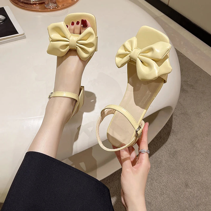 Large Solid Color Open-toe Sandals Women 2023 Summer New One-line Buckle Fashion Temperament Bow Knot Comfortable Women's Shoes