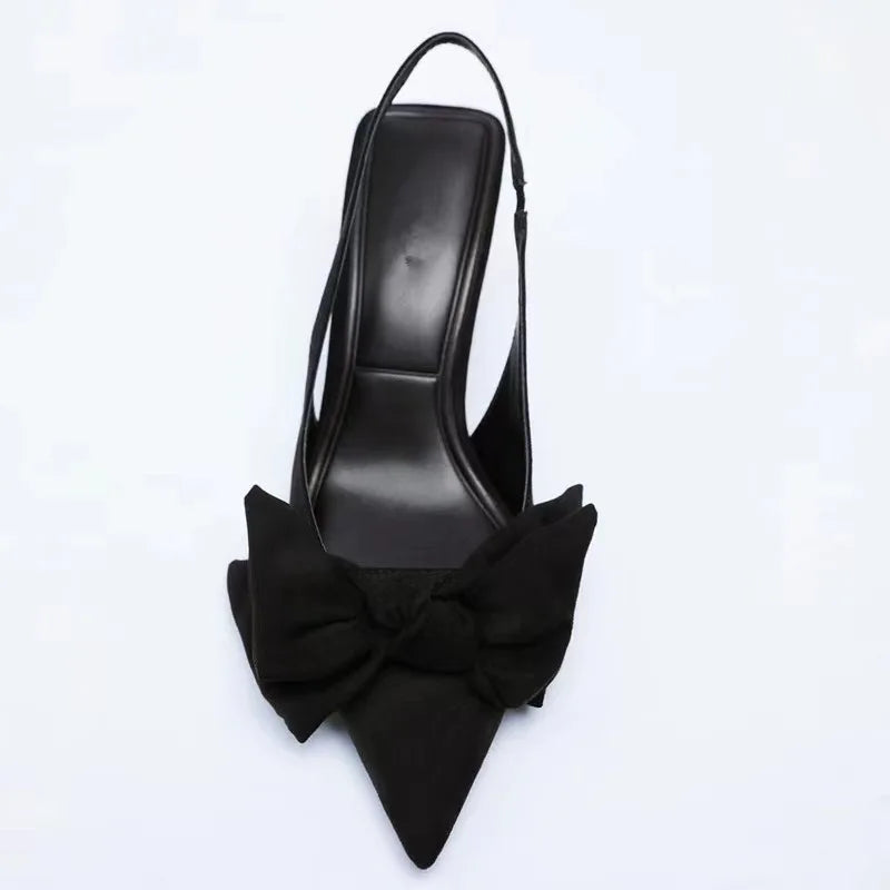 Lady Big Bow Flock Modern Sandals Kitten Heels Shoes Pointy Toe Nigh Club Sweet Pumps Back Strap Zapatos Mujer Red 41 40 25.5cm