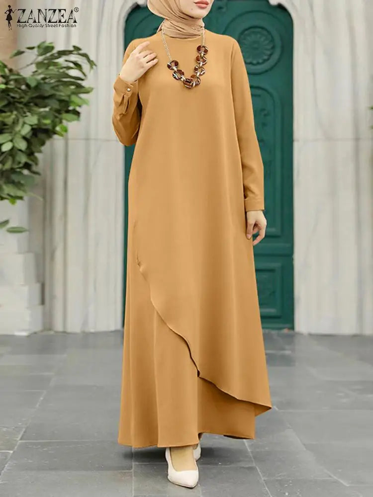 Muslim Fashion Hijab Dress ZAZNEA Turkey Abaya Women Long Sleeve Maxi Sundress Asymmetrical Robe Dubai Vestido Isamic Clothing