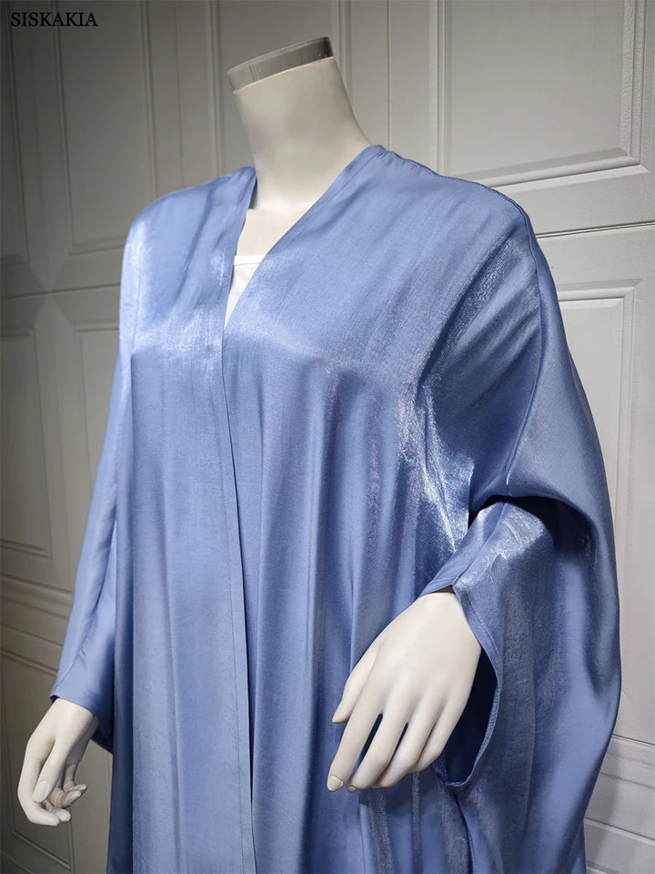 Fashion Casual Muslim Open Abaya for Women Corban Eid al Adha 2023 New Bright Silk Satin Cardigan Robe Oversized Batwing Sleeve