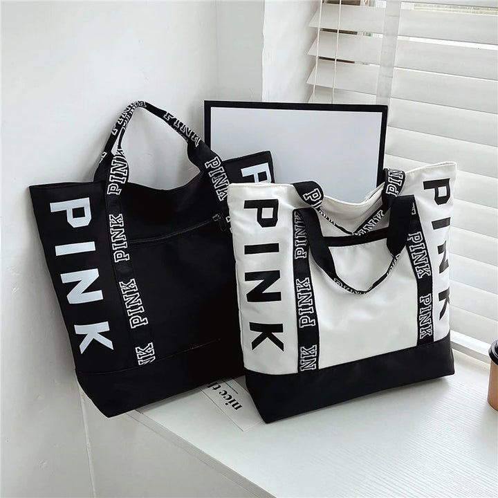 Pink Letter Graphic Tote Handbags Woman Shoulder Bags Casual Sports Fitness Tote Bag Nylon Fabric Bags Women Handbag