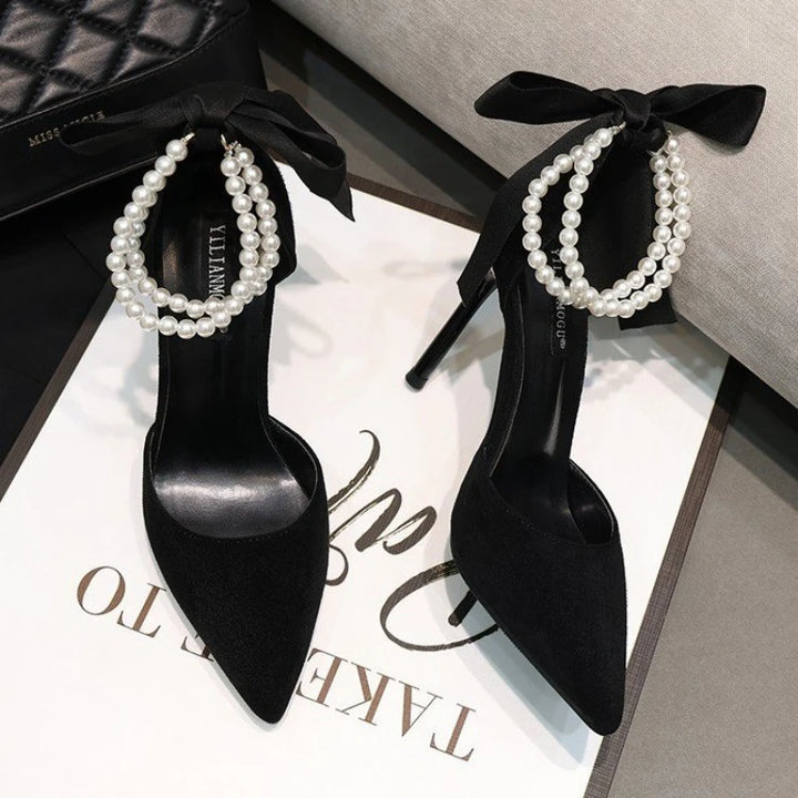 Black High Heels 2024 New Style Stiletto Pointed Toe Pearl Anklets High-end Women's Shoes Comfortable Women's Shoes