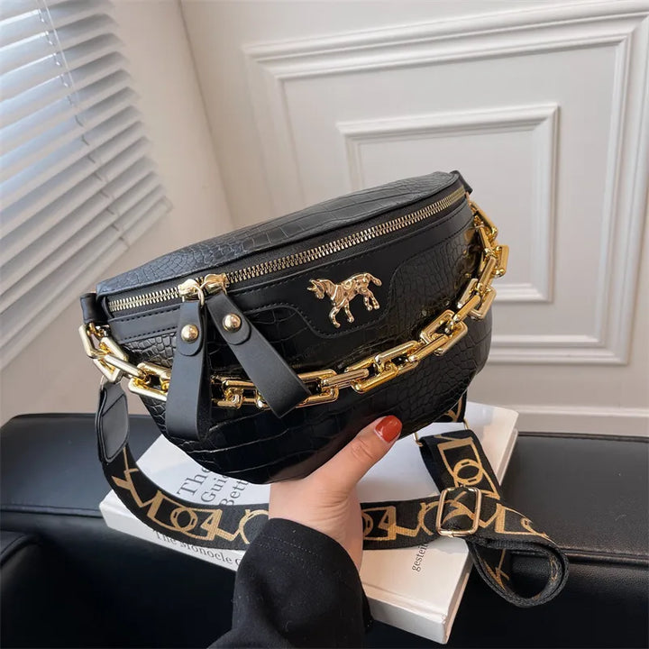 Fashion Thick Chain Women's Waist Bag Fanny Pack Shoulder Black Crossbody Chest Bags Female Belt Bag PU Casual Shoulder Bag