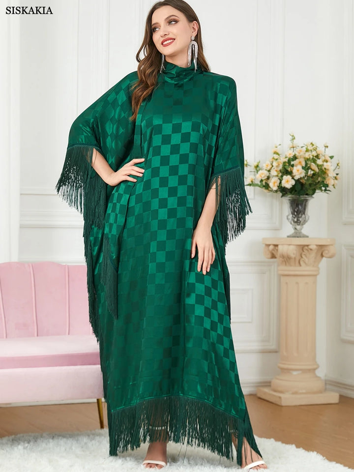 Abayas For Women Dubai 2022 Muslim Fashion Tassel Batwing Sleeve Plaid Long Dress Moroccan Kaftan Women's Jalabiya Ramadan