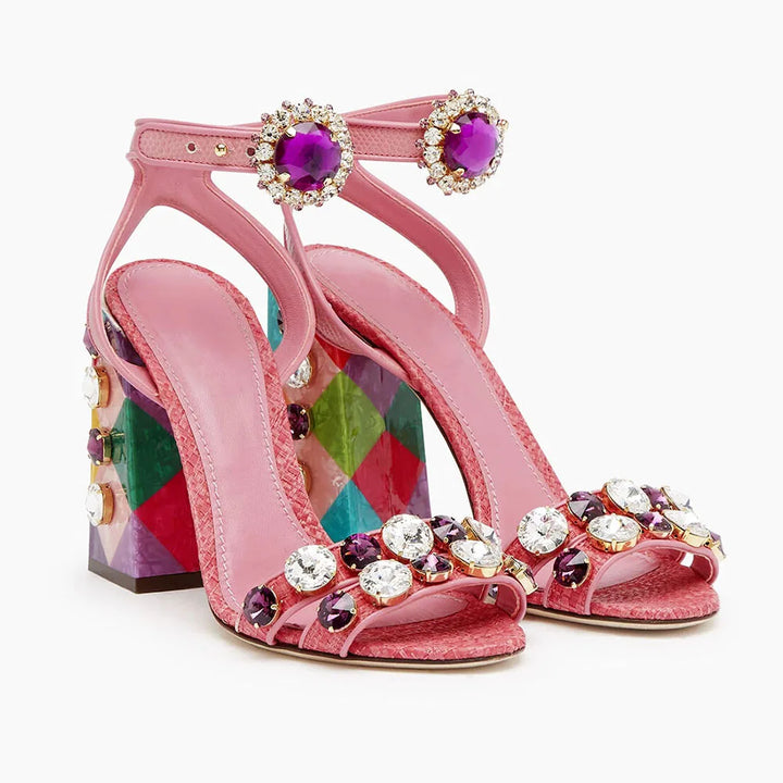 New Style Women's Open Toe Chunky Heeled Buckle Rhinestone Summer Sandals Fashion Pink Platform High Heels Party Wedding Shoes