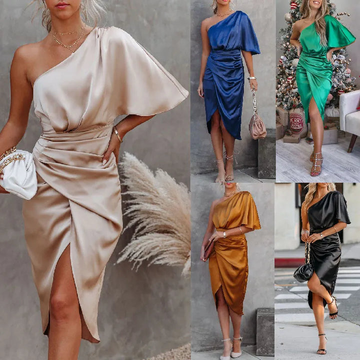 One Shoulder Evening Dress Women 2023 Summer Bodycon Sleeveless Wrinkle Long Party Dress Sexy Bandage Elegant Midi Dress Vestido