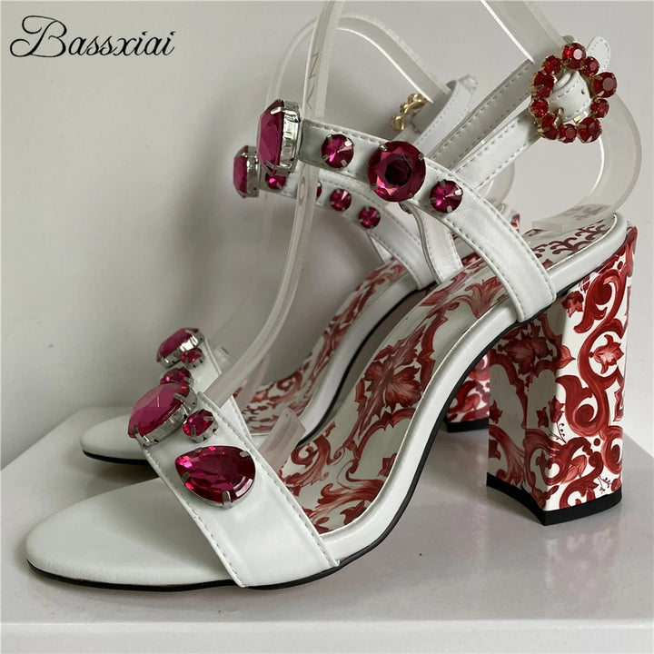 Luxury Diamond Crystal Ankle Strap Sandals Women Individual Print Flower Chunky Heel Genuine Leather Summer Shoes