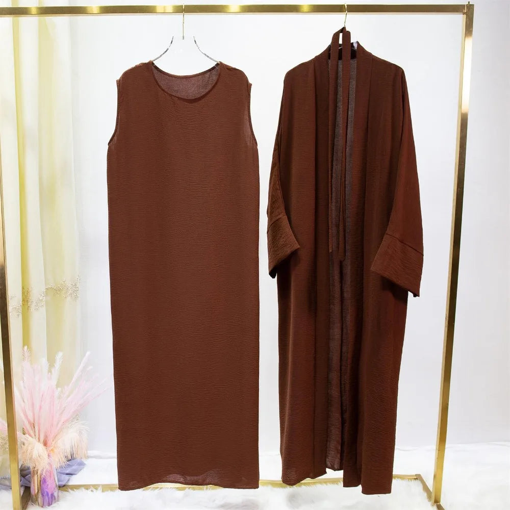 Muslim Sets Muslim Jilbab Two Pieces Women Out Abaya Loose Cardigan Coat Sleeveless Inner Dress Prayer Clothing with Belt 2pics