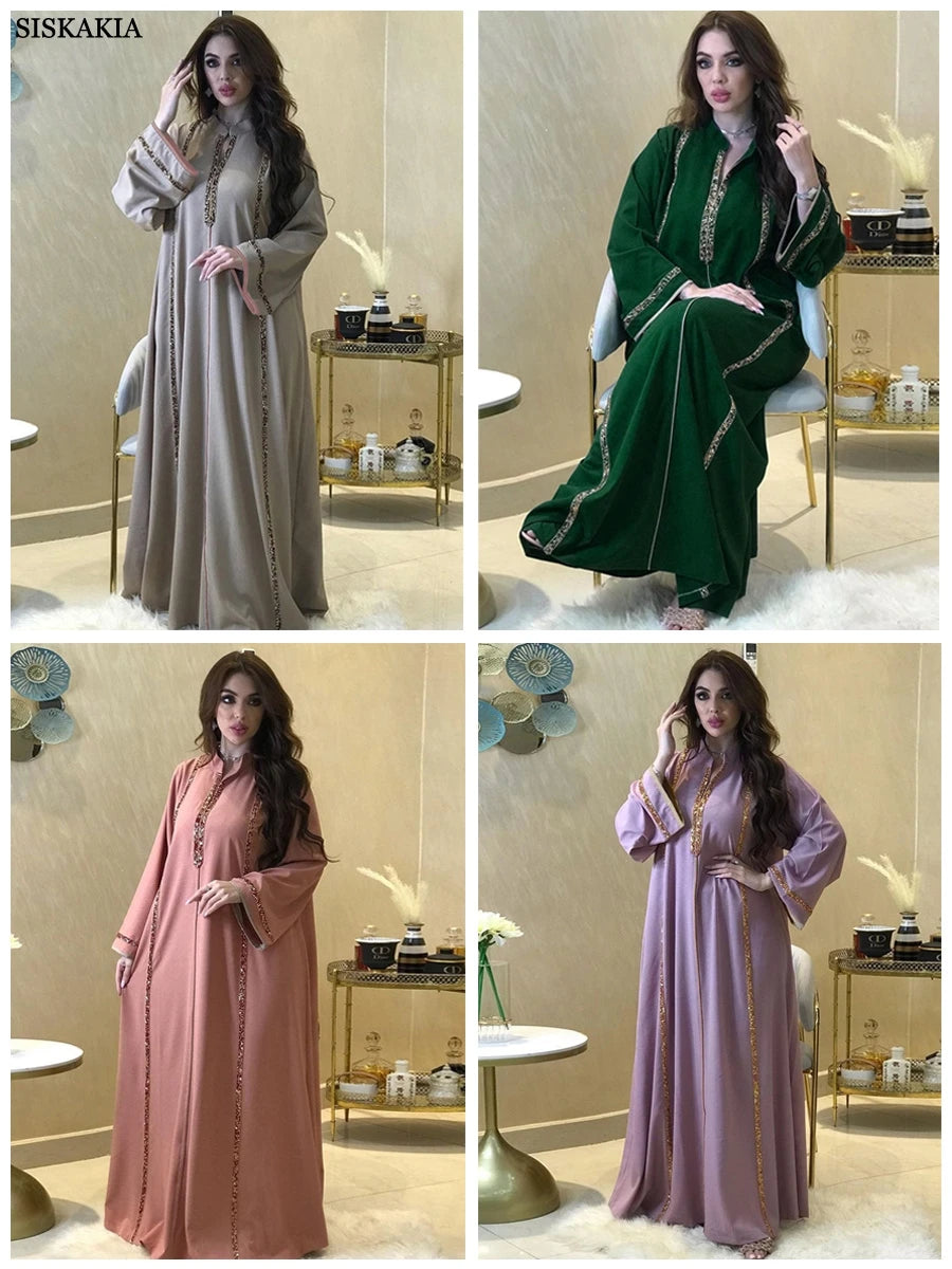 Siskakia Ramadan Abaya Femme Musulmane Moroccan Caftan For Woman Fashion Solid Diamonds Full Sleeve Loose Turkish Dubai Robe