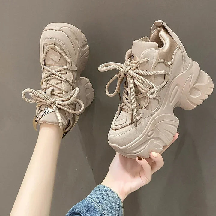 Women Walking Sneakers Autumn Lace-up High Platform Chunky Shoes Breathable Leather Shoes 10CM Winter Wedge Heels Casual Shoes