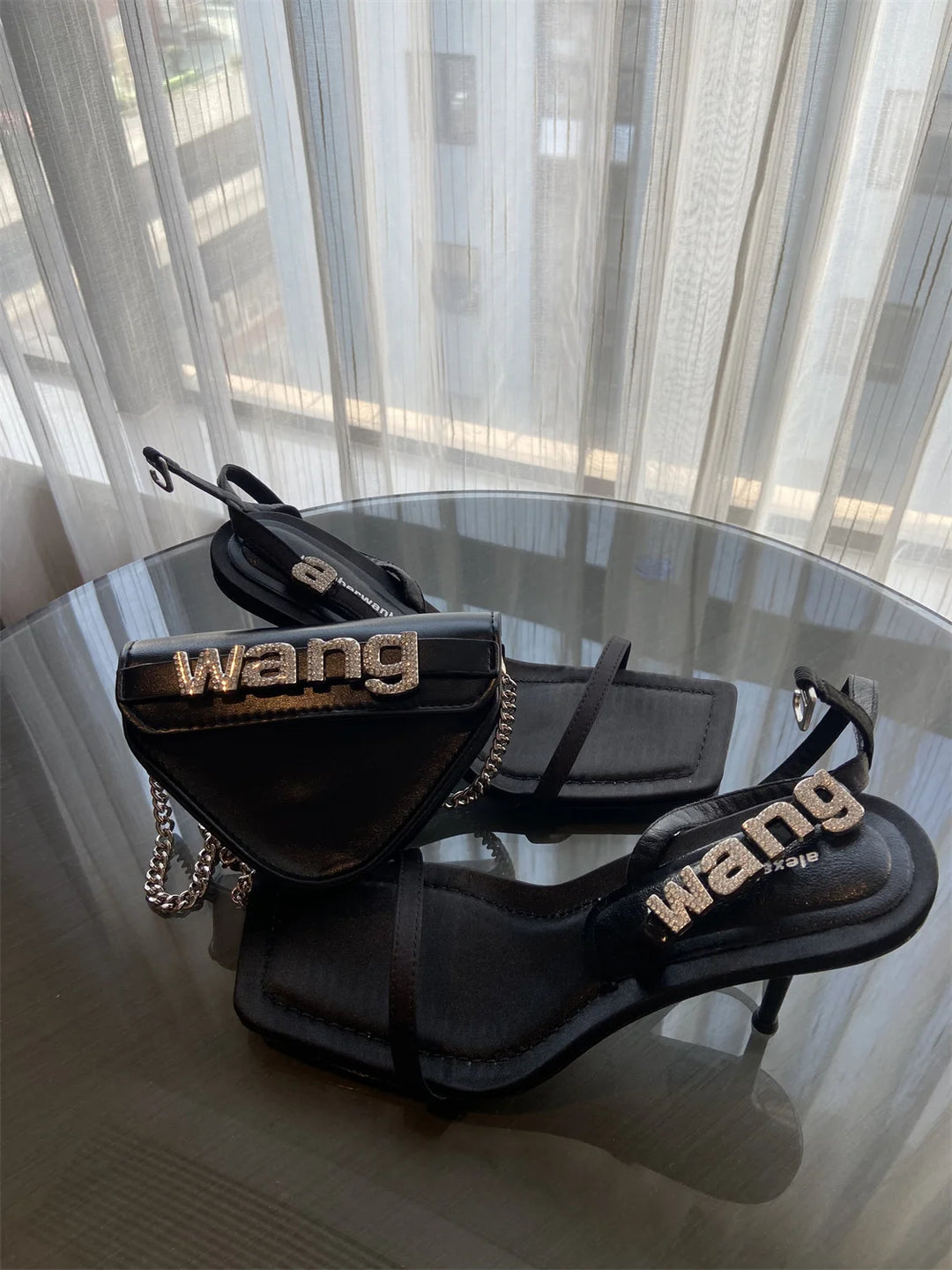 AW Open Toe Sandals For Women Summer New Style Black One-Word Strap Stiletto Square Toe Letter Rhinestone High Heels For Women