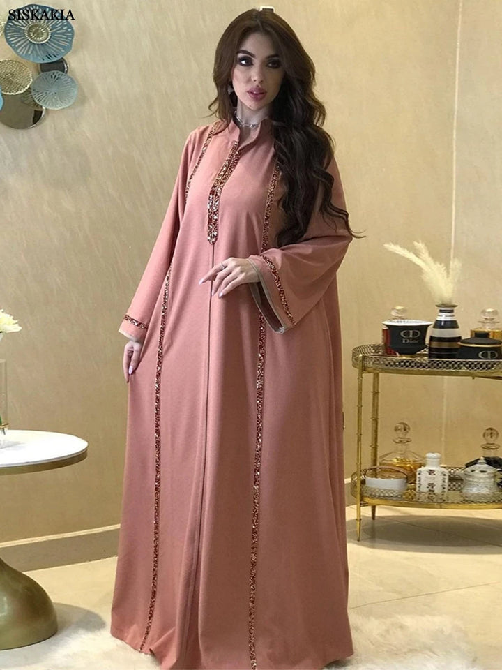 Siskakia Ramadan Abaya Femme Musulmane Moroccan Caftan For Woman Fashion Solid Diamonds Full Sleeve Loose Turkish Dubai Robe