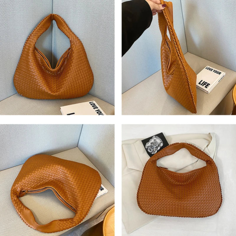 Genuine Leather Handmade Woven Handbag Casual Large Capacity Tote Bag Y2K Female Crescent Bag Luxurious Solid Color Shoulder Bag