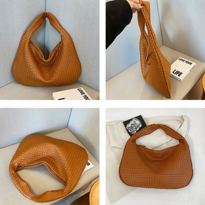 Genuine Leather Handmade Woven Handbag Casual Large Capacity Tote Bag Y2K Female Crescent Bag Luxurious Solid Color Shoulder Bag