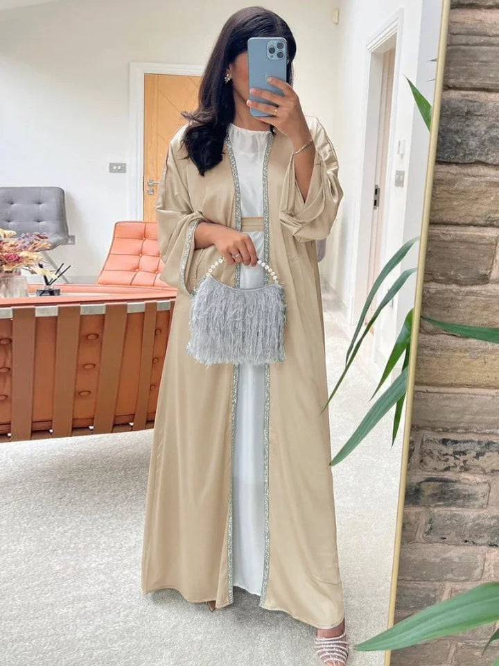 Kimono Abaya Satin Muslim Dress Diamond Open Abayas for Women Dubai Turkey Outwear Islam Modest Clothes Kaftan Femme Musulmane