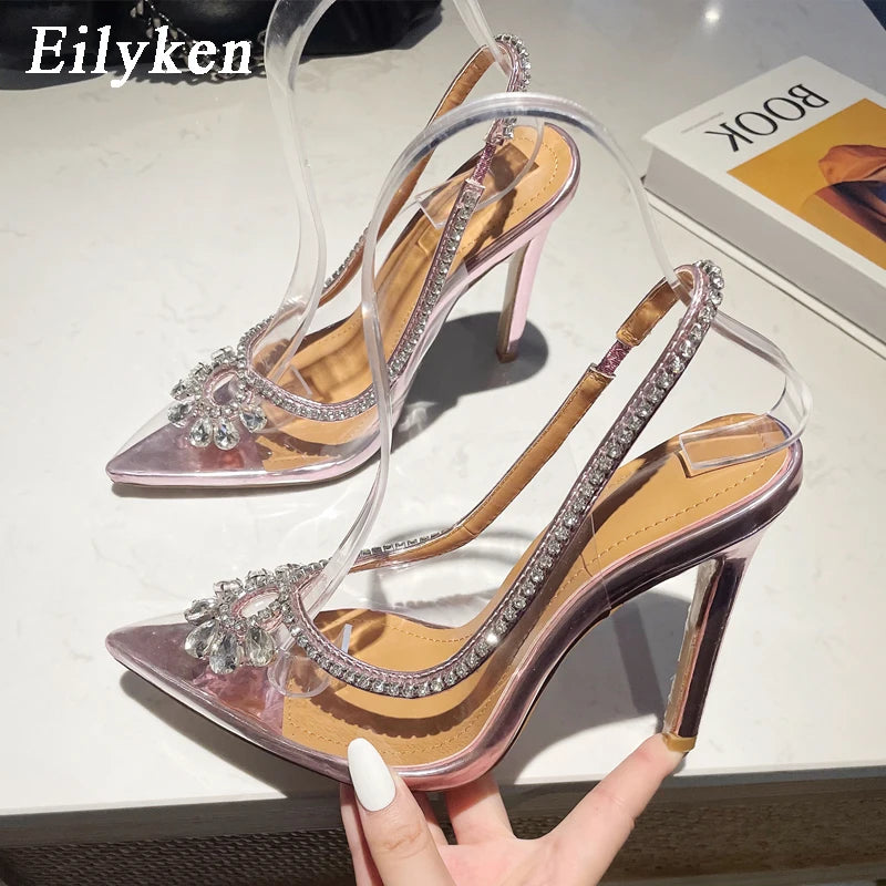 Eilyken PVC Transparent Rhinestone Hollow Out Women Pumps Sexy Pointed Toe Wedding Bridal Stilettos High Heels Sandals Shoes