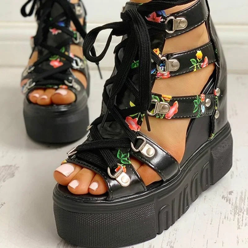 2022 Summer Printing Casual Wedge Women's Shoes Women's Sandals Thick Sole Laces High Heels Casual Women's Shoes Zapatos Mujer