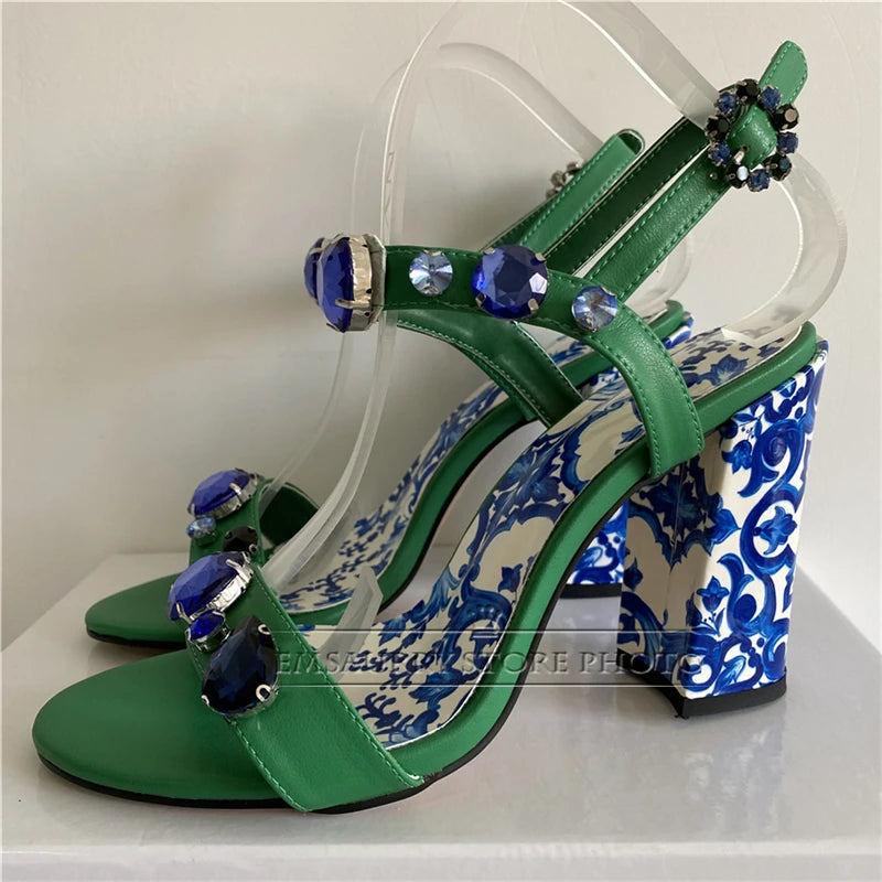 Luxury Diamond Crystal Decor Modern Sandals Women Blue And White Porcelain Print Ankle Strap Summer Shoes For Girls