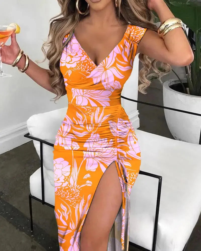 Summer Sexy Print V-neck Slim Short Sleeve V-neck Vestido 2023 Women Split Fashion Midi Dress Mulheres Robe Evening Long Elegant