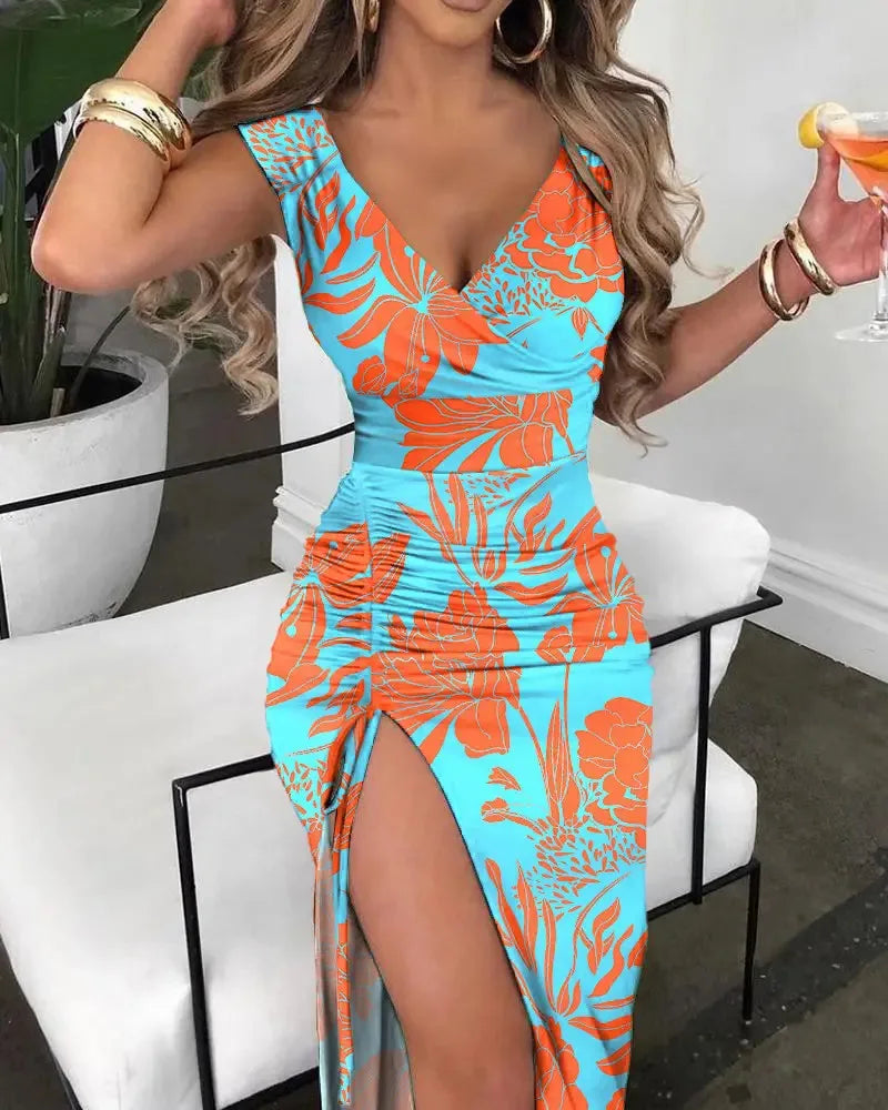 Summer Sexy Print V-neck Slim Short Sleeve V-neck Vestido 2023 Women Split Fashion Midi Dress Mulheres Robe Evening Long Elegant