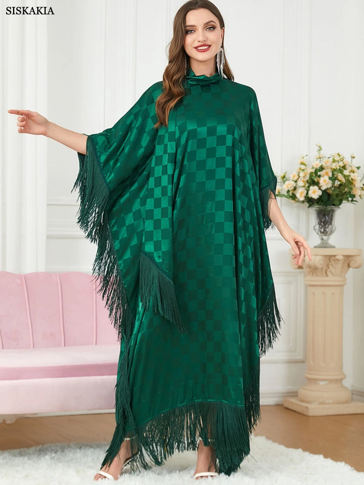 Abayas For Women Dubai 2022 Muslim Fashion Tassel Batwing Sleeve Plaid Long Dress Moroccan Kaftan Women's Jalabiya Ramadan