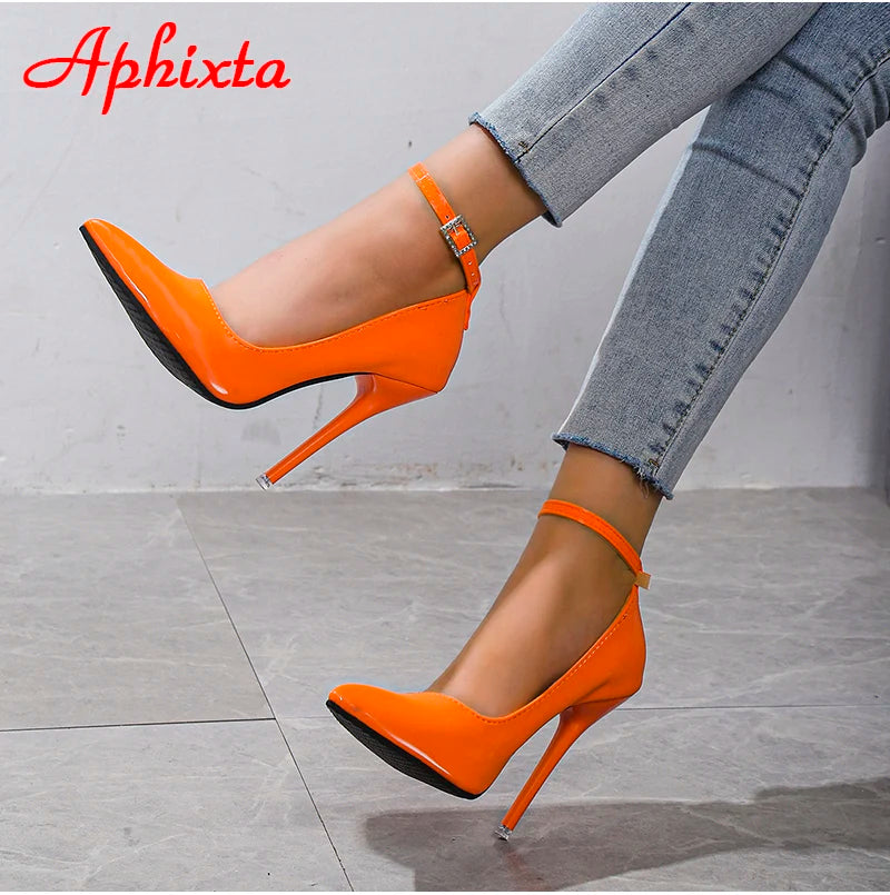 Aphixta Orange New Luxury Crystals Buckle Pimp Super High 12cm Stiletto heels Pumps Women Shoes Pointed Toe Colorful Party Pumps