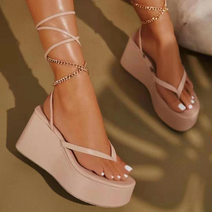 Summer 2023 Women's  Fashion Chain Flip Flops Women Clip Toe Thong Platform Lace Up Ladies Casual Gladiator Sandals Shoes Wedges