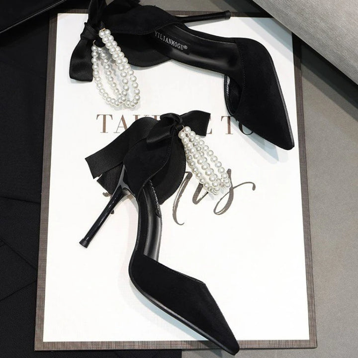 Black High Heels 2024 New Style Stiletto Pointed Toe Pearl Anklets High-end Women's Shoes Comfortable Women's Shoes